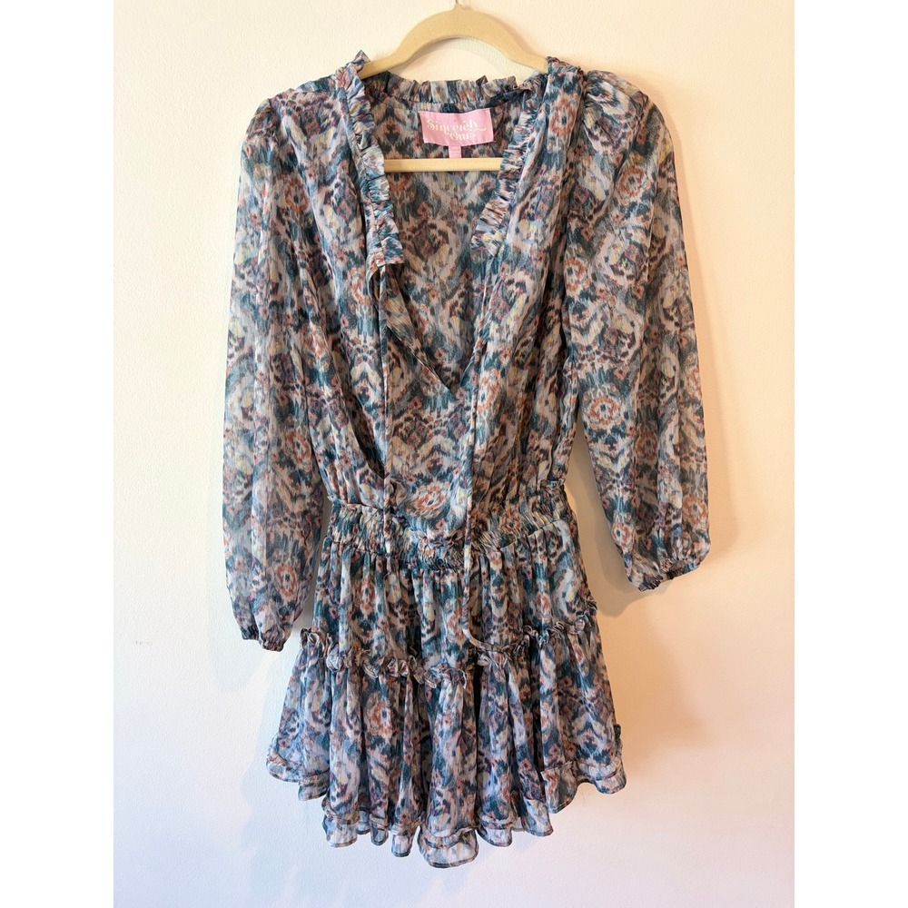 Sincerely Ours Ikat Print Ruffle Mini Dress Blue Orange Metallic Gold XS